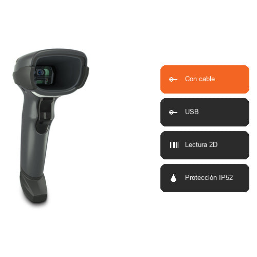 Características del lector de códigos de barras Zebra DS4608 negro DS4608-SR7U2100SGW: Con cable, USB, Lectura 2D, Protección IP52