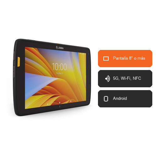 Características del terminal de mano Zebra ET45 ET45CB-101D1BM-A6: Pantalla 8" o más, 5G, Wi-Fi, NFC, Android