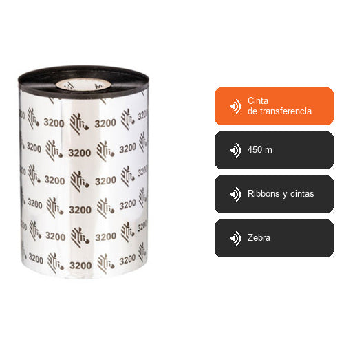 Características de Zebra Cinta de transferencia 03200BK08945: Cinta de transferencia, 450 m, Ribbons y cintas, Zebra