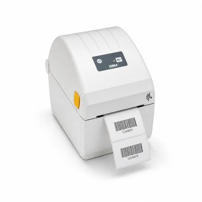 Impresora Zebra ZD230 blanca ZD23W42-D0EC00EZ imprimiendo etiquetas de código de barras