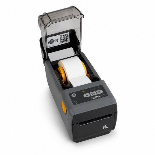 Impresora térmica directa Zebra ZD411 abierta con rollo de etiquetas y sin ribbon