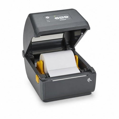 Impresora térmica directa Zebra ZD421 abierta con rollo de etiquetas y sin ribbon