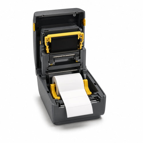 Impresora Zebra ZD421 abierta con cartucho de ribbon y rollo de etiquetas correctamente instalados