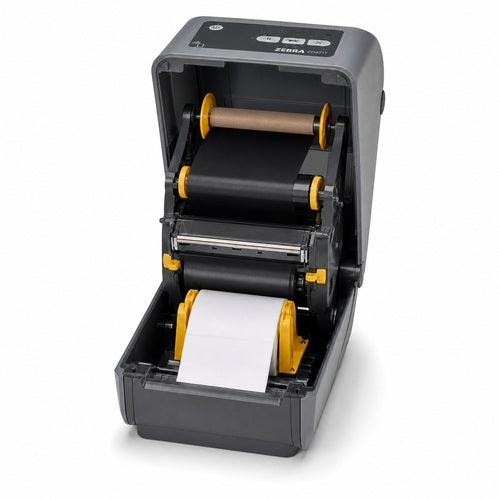 Impresora Zebra ZD421T abierta con ribbon en rollo, núcleo de recogida y etiquetas correctamente instalados