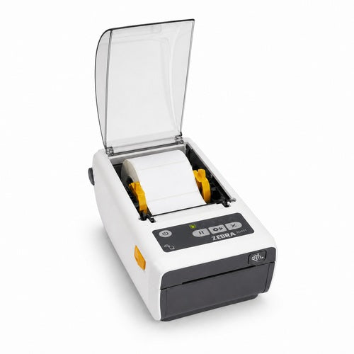 Impresora térmica directa Zebra ZD411 Healthcare abierta con rollo de etiquetas y sin ribbon