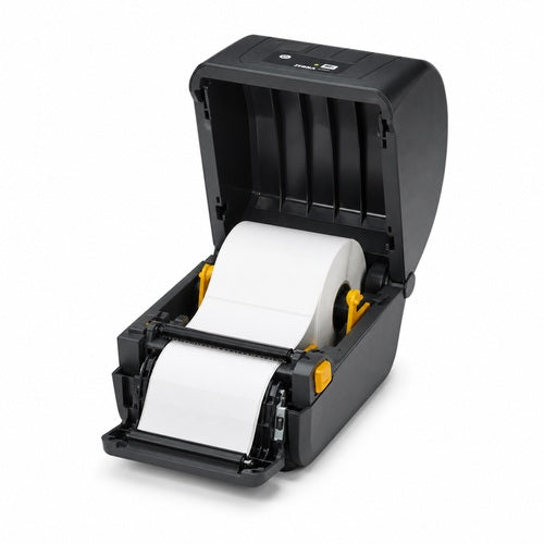 Impresora térmica directa Zebra ZD230 con peeler abierta y rollo de etiquetas