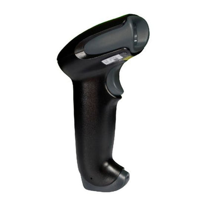 Detalle del lector de códigos de barras Honeywell 1250G negro con su zona de trabajo