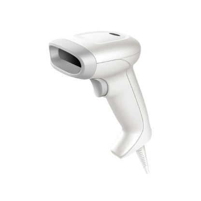 Detalle del lector de códigos de barras Honeywell 1350G blanco con su zona de trabajo