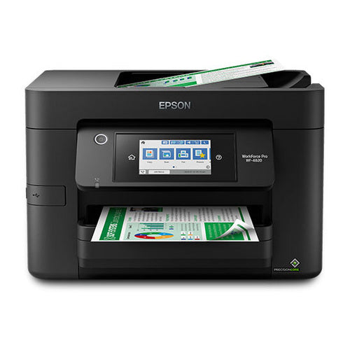 Detalle de la impresora de etiquetas Epson WF-4820DWF con su zona de trabajo