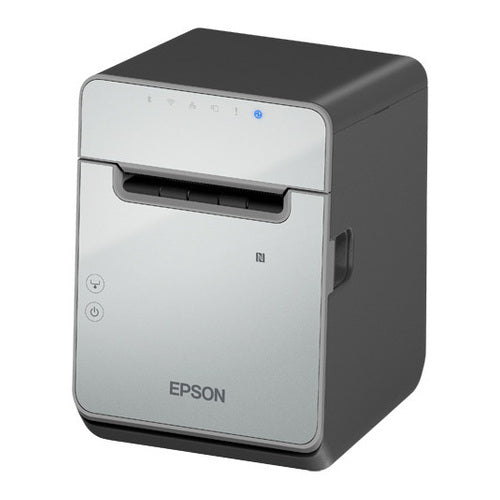 Detalle de la impresora de etiquetas Epson TM-L100 con su zona de trabajo