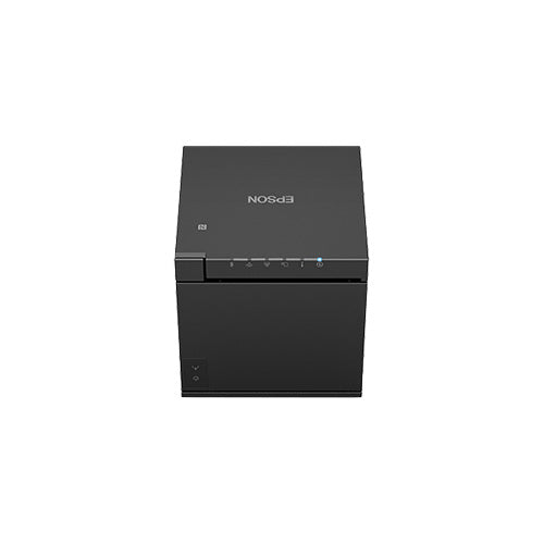 Detalle de la impresora de etiquetas Epson TM-M30III negro con su zona de trabajo