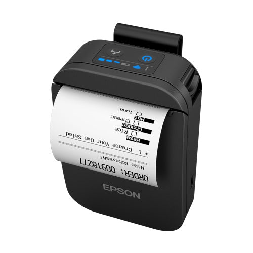 Detalle de la impresora de etiquetas Epson TM-P20II negro con su zona de trabajo