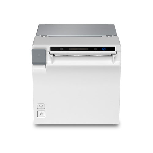 Detalle de la impresora de etiquetas Epson EU-M30 blanco con su zona de trabajo