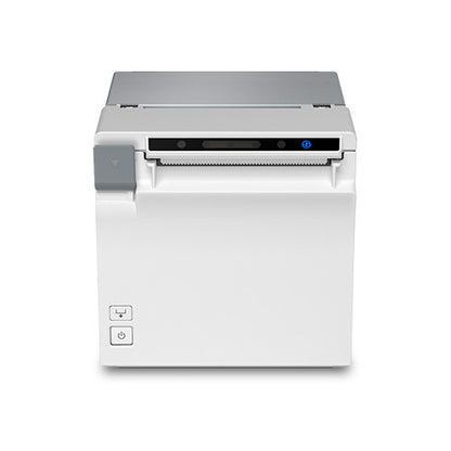 Detalle de la impresora de etiquetas Epson EU-M30 blanco con su zona de trabajo