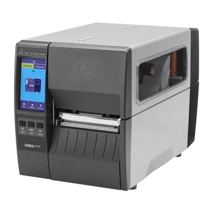 Detalle de la impresora de etiquetas Zebra ZT231 con su zona de trabajo