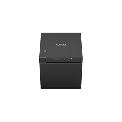 Detalle de la impresora de etiquetas Epson TM-M30III negro con su zona de trabajo