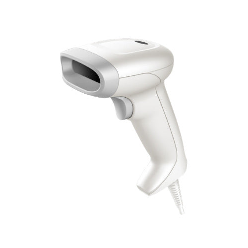 Detalle del lector de códigos de barras Honeywell 1350G blanco con su zona de trabajo