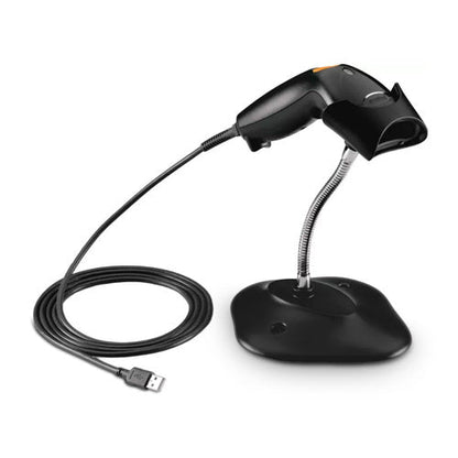Detalle del lector de códigos de barras Zebra LS1203 negro con su zona de trabajo