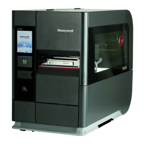 Detalle de la impresora de etiquetas Honeywell PX940 con su zona de trabajo