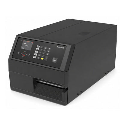 Detalle de la impresora de etiquetas Honeywell PX45A con su zona de trabajo