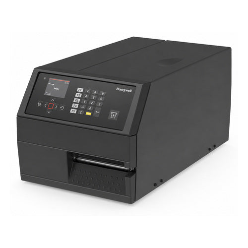 Detalle de la impresora de etiquetas Honeywell PX65A con su zona de trabajo