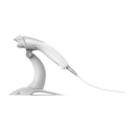 Detalle del lector de códigos de barras Honeywell VOYAGER XP blanco con su zona de trabajo