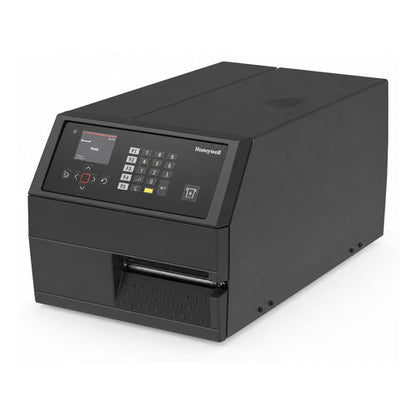 Detalle de la impresora de etiquetas Honeywell PX65A con su zona de trabajo