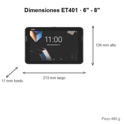 Dimensiones del terminal de mano Zebra ET401 6" - 8" ET401EA-301P2B2P-A6: 213 mm de largo, 134 mm de alto, 11 mm de fondo, peso 480 g