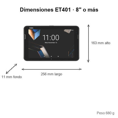 Dimensiones del terminal de mano Zebra ET401 8" o más ET4010B-001C1B0P-A6: 256 mm de largo, 163 mm de alto, 11 mm de fondo, peso 680 g