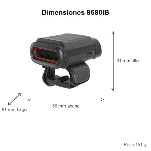 Dimensiones del lector de códigos de barras Honeywell 8680IB 8680IB302-2: 81 mm de largo, 56 mm de ancho, 31 mm de alto, peso 151 g