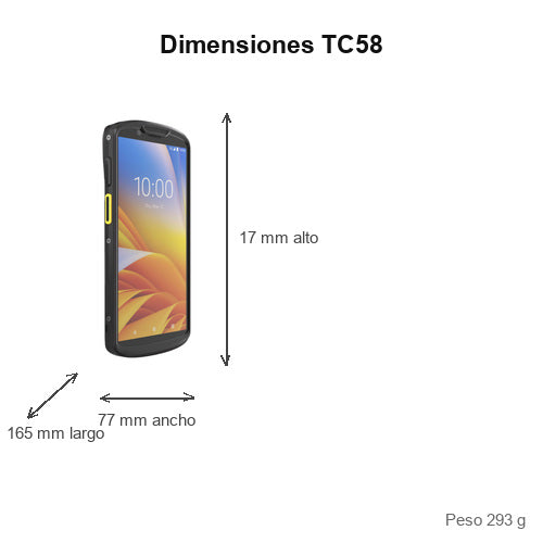Dimensiones del terminal de mano Zebra TC58 TC58BE-3T1K6B1A80-A6: 165 mm de largo, 77 mm de ancho, 17 mm de alto, peso 293 g