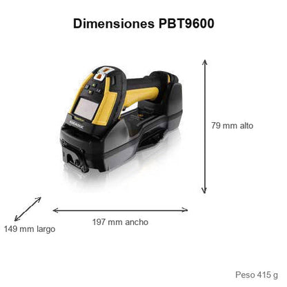 Dimensiones del lector de códigos de barras Datalogic PBT9600 PBT9600-SRRFK10EU: 197 mm de ancho, 149 mm de largo, 79 mm de alto, peso 415 g