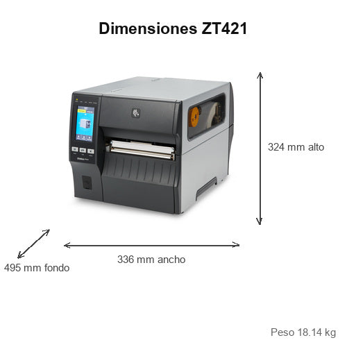 Dimensiones de la impresora de etiquetas Zebra ZT421 ZT42162-T2E0000Z: 324 mm de alto, 336 mm de ancho, 495 mm de fondo, peso 18.14 kg