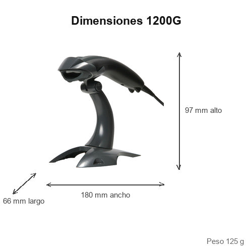 Dimensiones del lector de códigos de barras Honeywell 1200G negro 1200G-2USB-1: 66 mm de largo, 180 mm de ancho, 97 mm de alto, peso 125 g