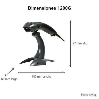 Dimensiones del lector de códigos de barras Honeywell 1200G negro 1200G-2USB-1: 66 mm de largo, 180 mm de ancho, 97 mm de alto, peso 125 g