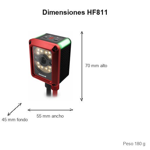 Dimensiones del lector de códigos de barras Honeywell HF811 HF811-11RT00004K-R: 70 mm de alto, 55 mm de ancho, 45 mm de fondo, peso 180 g