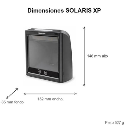 Dimensiones del lector de códigos de barras Honeywell SOLARIS XP 7990G-2SERC-1: 148 mm de alto, 152 mm de ancho, 85 mm de fondo, peso 527 g