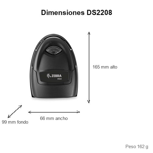 Dimensiones del lector de códigos de barras Zebra DS2208 negro DS2208-SR7U2100SGW: 165 mm de alto, 66 mm de ancho, 99 mm de fondo, peso 162 g