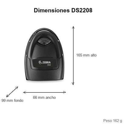 Dimensiones del lector de códigos de barras Zebra DS2208 negro DS2208-SR7U2100SGW: 165 mm de alto, 66 mm de ancho, 99 mm de fondo, peso 162 g