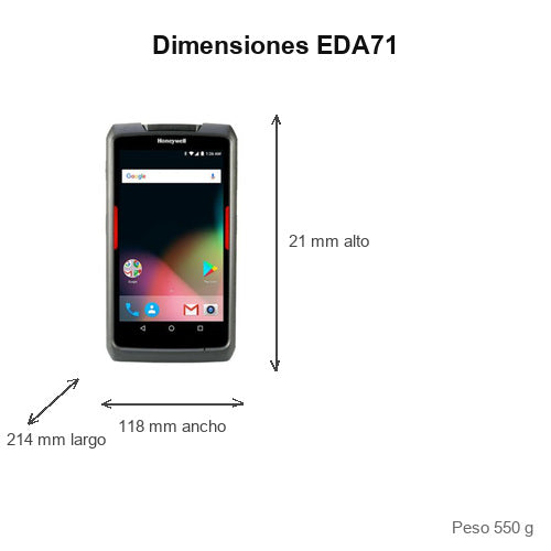 Dimensiones del terminal de mano Honeywell EDA71 EDA71-1-B961EAGRK: 214 mm de largo, 118 mm de ancho, 21 mm de alto, peso 550 g