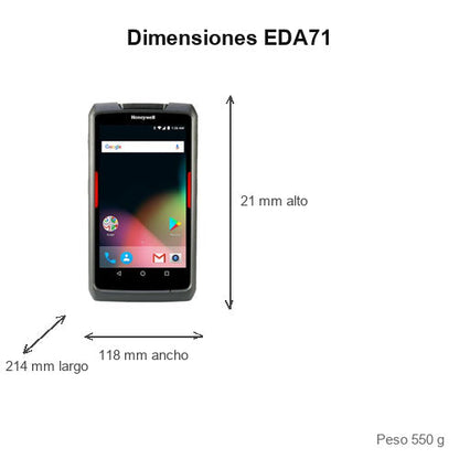 Dimensiones del terminal de mano Honeywell EDA71 EDA71-1-B961EAGRK: 214 mm de largo, 118 mm de ancho, 21 mm de alto, peso 550 g