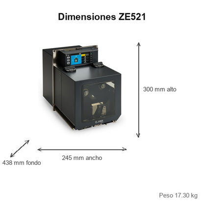 Dimensiones de la impresora de etiquetas Zebra ZE521 ZE52162-L0E0000Z: 438 mm de fondo, 245 mm de ancho, 300 mm de alto, peso 17.30 kg
