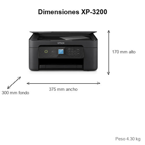 Dimensiones de la impresora de etiquetas Epson XP-3200 C11CK66403: 375 mm de ancho, 300 mm de fondo, 170 mm de alto, peso 4.30 kg