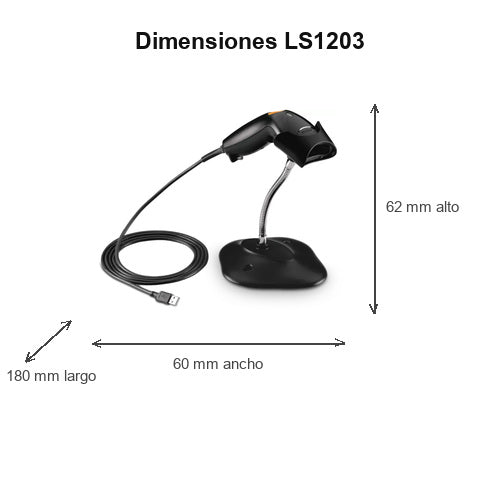 Dimensiones del lector de códigos de barras Zebra LS1203 negro LS1203-7AZU0100SR: 62 mm de alto, 180 mm de largo, 60 mm de ancho