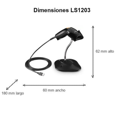 Dimensiones del lector de códigos de barras Zebra LS1203 negro LS1203-7AZU0100SR: 62 mm de alto, 180 mm de largo, 60 mm de ancho