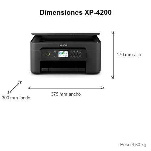 Dimensiones de la impresora de etiquetas Epson XP-4200 C11CK65403: 375 mm de ancho, 300 mm de fondo, 170 mm de alto, peso 4.30 kg