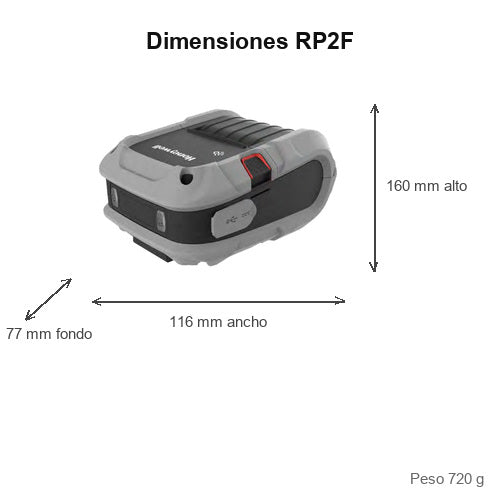 Dimensiones de la impresora de etiquetas Honeywell RP2F RP2F0000D20: 160 mm de alto, 116 mm de ancho, 77 mm de fondo, peso 720 g