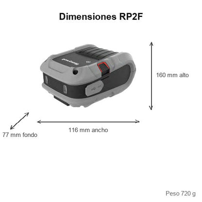 Dimensiones de la impresora de etiquetas Honeywell RP2F RP2F0000D20: 160 mm de alto, 116 mm de ancho, 77 mm de fondo, peso 720 g