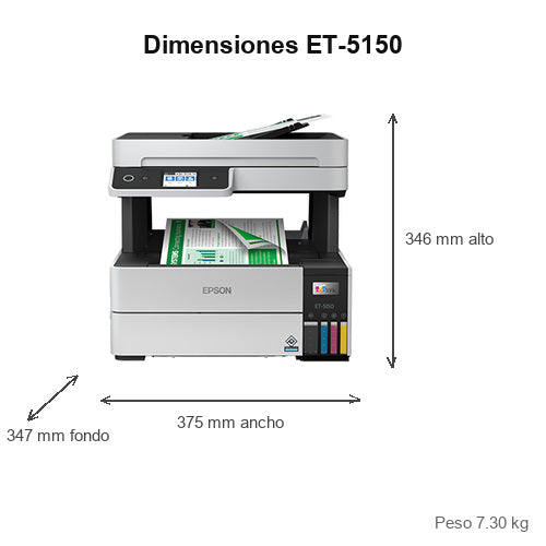 Dimensiones de la impresora de etiquetas Epson ET-5150 C11CJ89402: 375 mm de ancho, 347 mm de fondo, 346 mm de alto, peso 7.30 kg