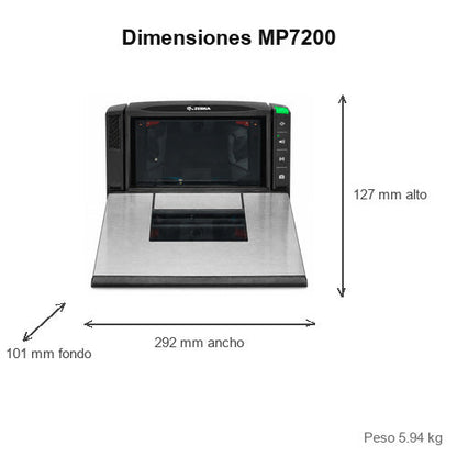 Dimensiones del lector de códigos de barras Zebra MP7200 MP7200-MCSFN000WW: 127 mm de alto, 292 mm de ancho, 101 mm de fondo, peso 5.94 kg